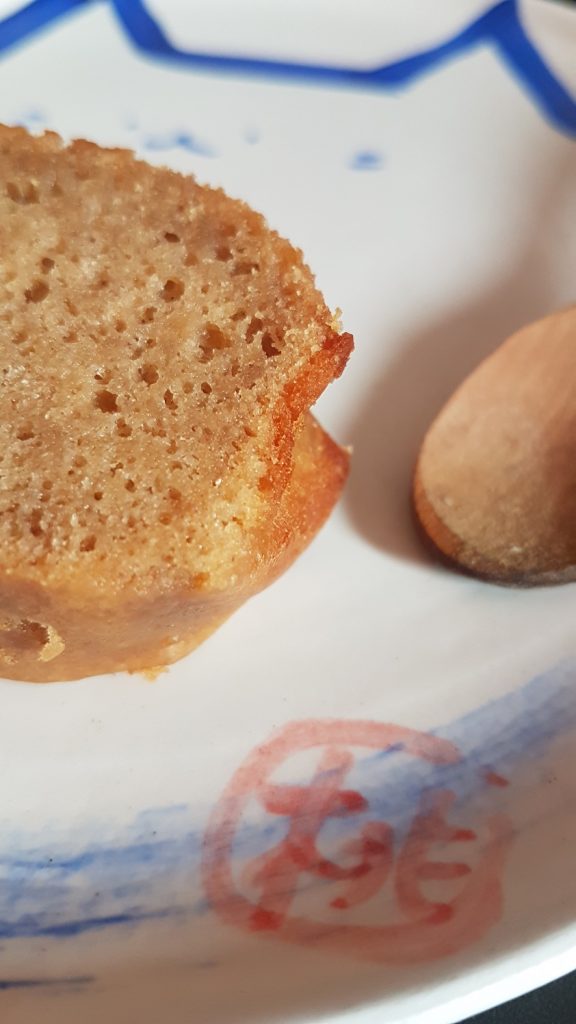 Detailed view of a freshly baked yogurt cake on a Japanese ceramic plate